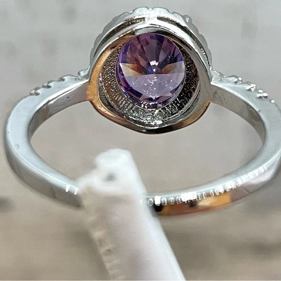 Beautiful Statement Oval Cut Halo Purple Amethyst Diamond CZ Silver Plated Ring